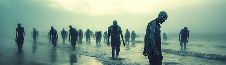 Beach full of undead, sunken faces, surreal contrastの素材