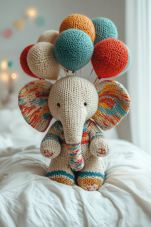 Knitted elephant with balloon side view birthday theme joyful child room bright lightの素材