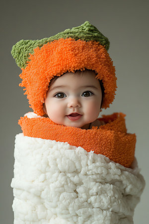 Baby dressed as a sushi roll with wasabi hatの素材