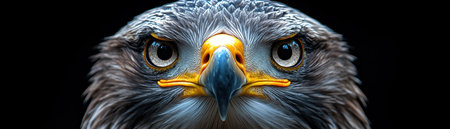 Bald eagle with piercing eyes stands before an American flag, symbolizing strength and prideの素材