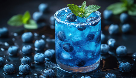 Blue mojito with blueberries and mint in frost rim glassの素材