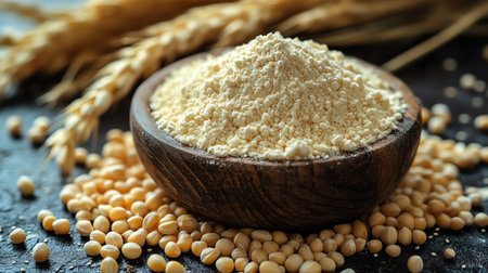 Millet flour surrounded by millet grains and stalksの素材