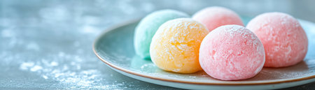 Mochi ice cream in pastel colors on plateの素材