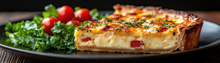 Quiche Lorraine slice served with leafy greensの素材