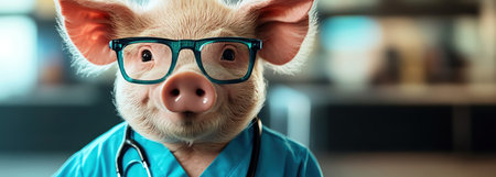 Pig in scrubs with chart and glassesの素材