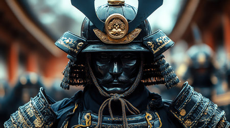 Samurai helmet and armor set displayed in museumの素材