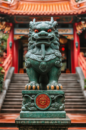 Qilin statue guarding temple stepsの素材