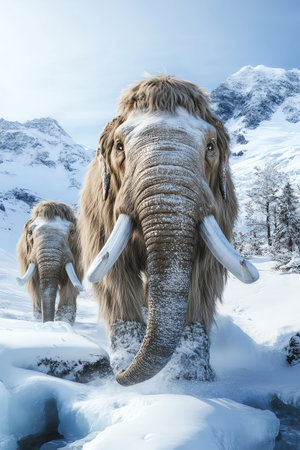Woolly mammoths walking through icy terrain, surrounded by snow and glaciers under a clear blue skyの素材