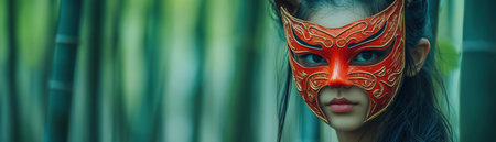 Woman wearing kitsune mask in bamboo groveの素材