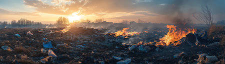 Abandoned trash fire smoldering in fieldの素材
