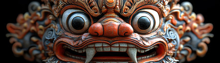 Balinese Barong mask with wide eyes and teethの素材