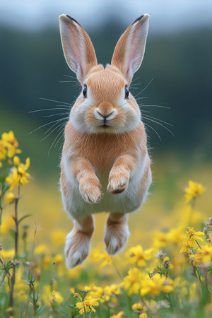Hare bounding across spring meadowの素材