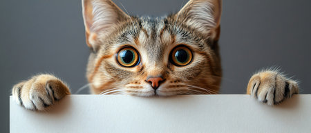 Cat holding a blank sign with curious eyesの素材