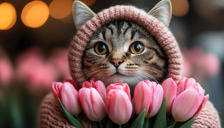 Cat in heart costume with pink tulipsの素材