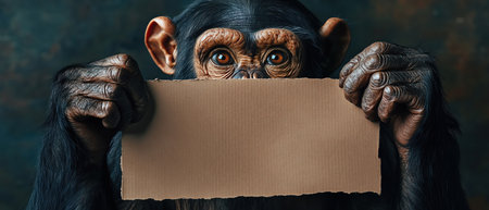 Chimp holding sign over its headの素材