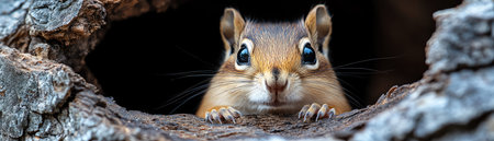 Chipmunk peeking from tree stumpの素材