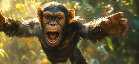 Chimpanzee swinging on jungle vinesの素材