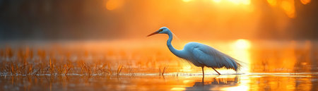 Crane wading through golden rice fieldsの素材