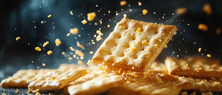 Cracker breaking midair with cheese bits flyingの素材