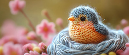 Crochet bird in a yarn nestの素材
