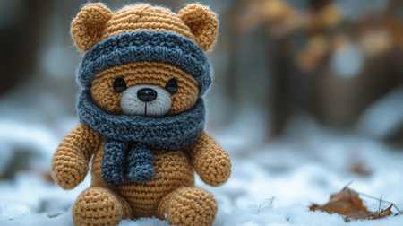 Crochet bear with a tiny scarf and hatの素材