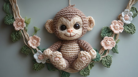 Crochet monkey hanging by a yarn vineの素材