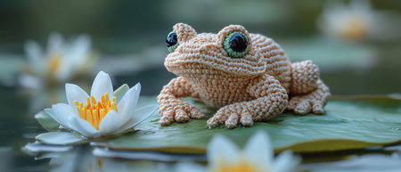 Crochet frog sitting on a lily padの素材