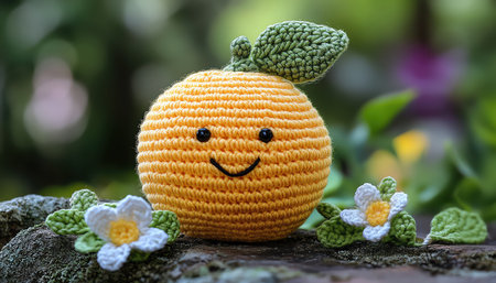 Crochet lemon with a bright yellow faceの素材