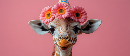 Giraffe in party hat with gerberaの素材