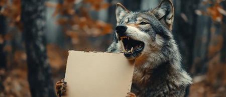 Wolf howling while holding blank boardの素材