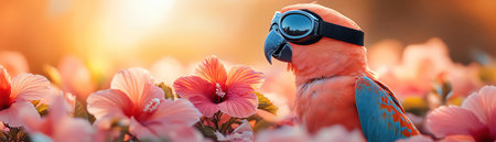 Parrot in pilot goggles holding hibiscusの素材