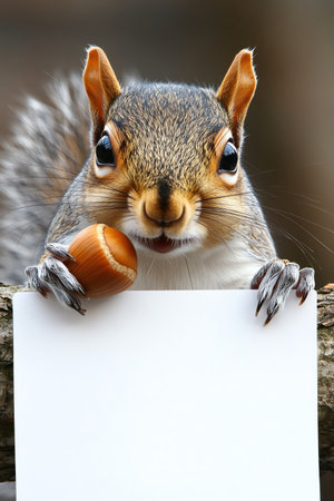 Squirrel holding acorn next to blank signの素材