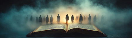 Ancient book with ghostly mini figures marching in fogの素材