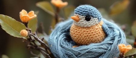 Crochet bird in a yarn nestの素材