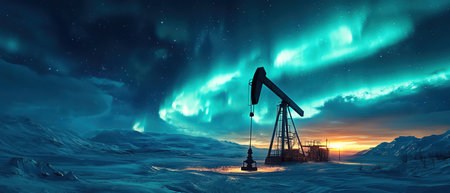 Oil pump under aurora borealis, arctic night sceneの素材