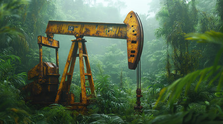 Oil pump in lush jungle clearing, jarring contrastの素材