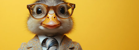 Duck in pastel suit and striped tie, soft yellow backdrop, clean focusの素材