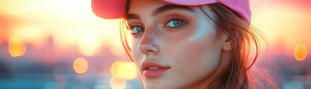 Girl with pink cap and cropped hoodie, on rooftop with city view, golden dusk lightingの素材