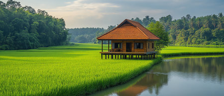 Farmer s hut on stilts in center of green paddyの素材