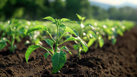 Bell pepper plants casting shadows on tilled earthの素材