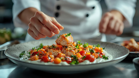 Chef in white coat plating gourmet dish under warm lightの素材
