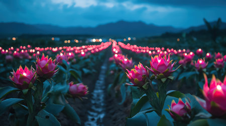 Rows of dragon fruit glowing pink under moonlightの素材