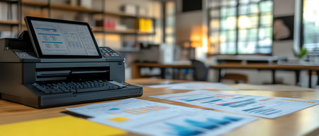 Copier and printer station with charts spilling outの素材