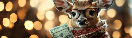 Deer in glasses and scarf posing with dollarsの素材