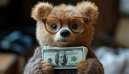 Bear in tiny glasses gripping handful of cashの素材