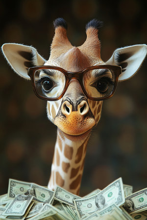 Giraffe in nerdy glasses peeking over cash pileの素材