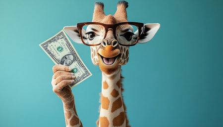 Giraffe in glasses holding cash high in the airの素材