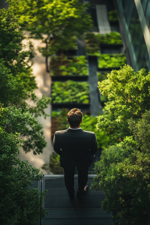 Businessman looking down from rooftop nature deckの素材
