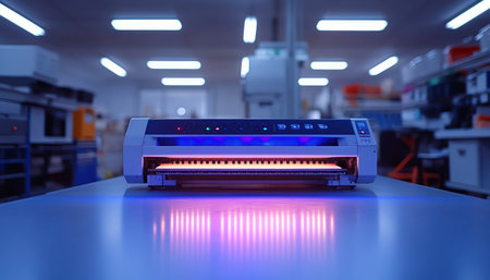 Industrial printer glowing under white LED office lightsの素材