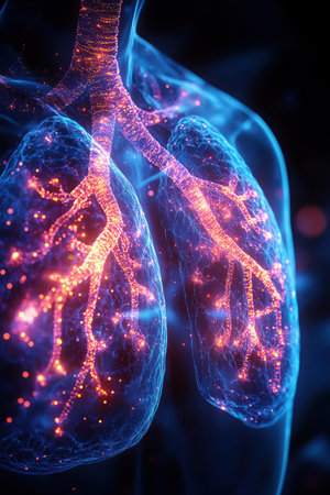 Neon lungs pulsing with breath in dark roomの素材